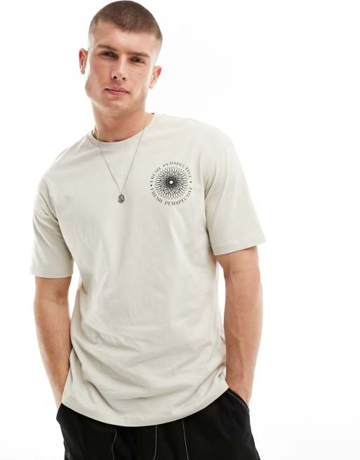 Selected Homme oversized t-shirt with perspective back print in beige, 2 of 4