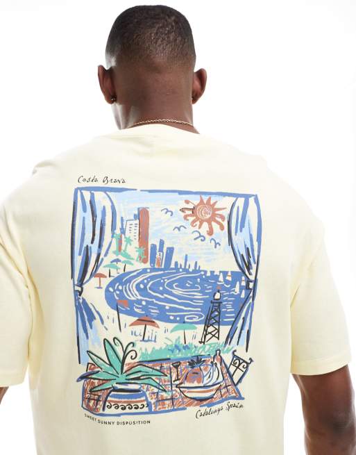 Selected Homme oversized t-shirt with scenic back print in yellow