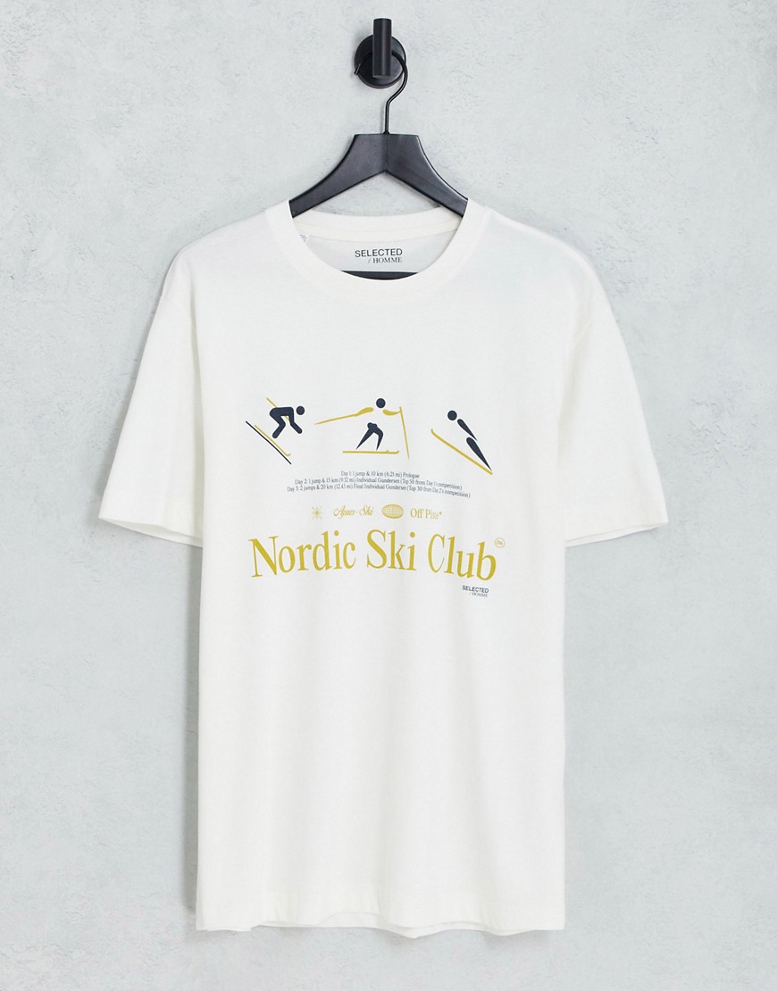 Selected Homme oversized T-shirt with ski club print in white