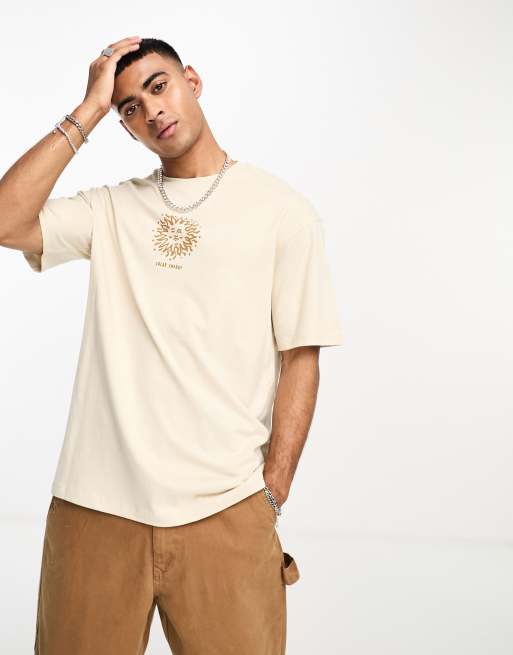 Selected Homme oversized t shirt with solar chest print in beige