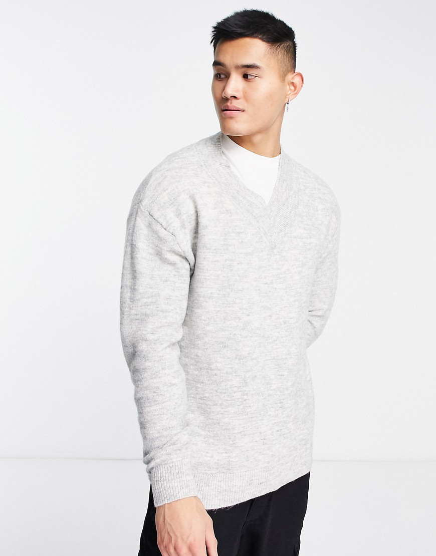 Selected Homme oversized v neck wool mix jumper in grey