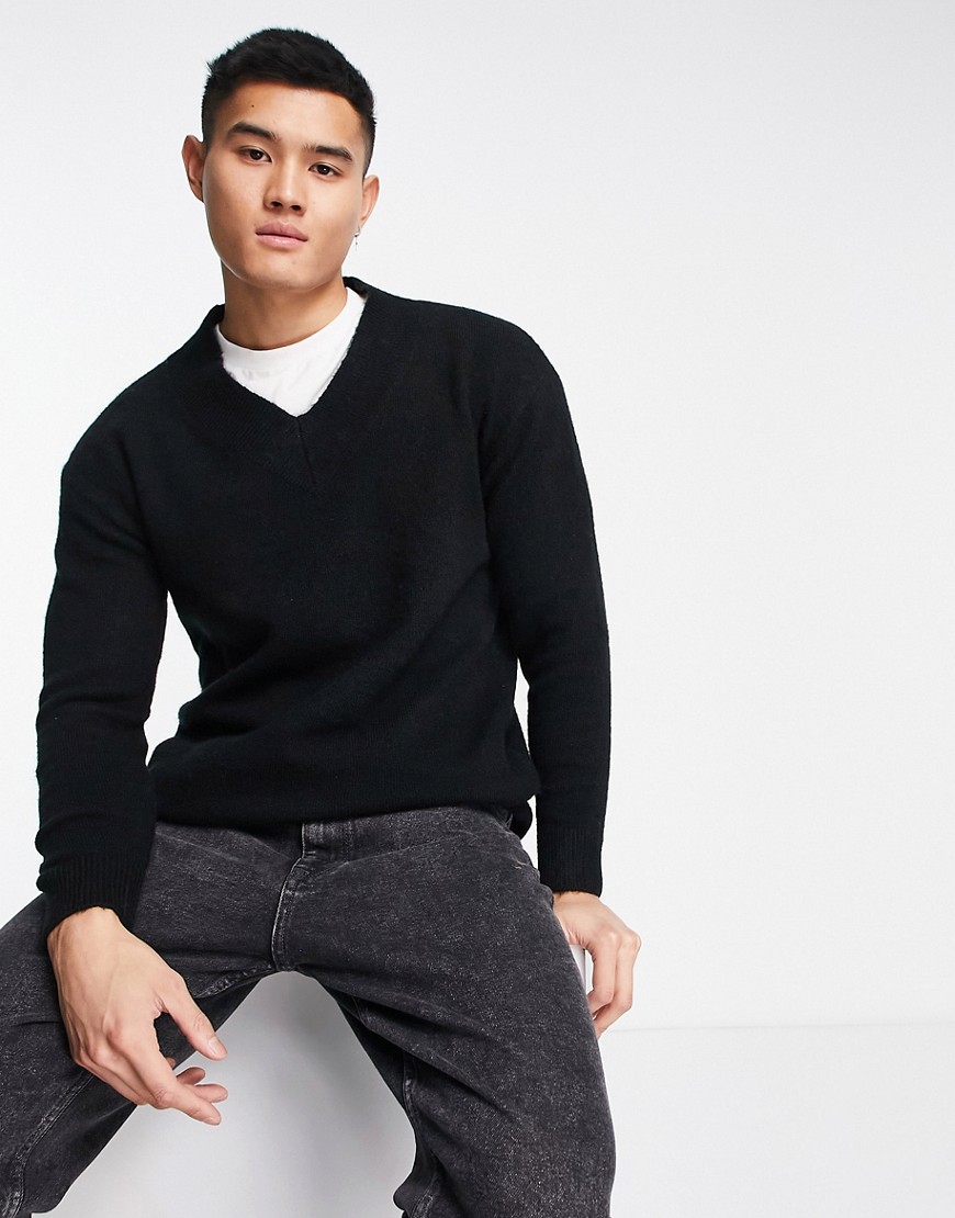 Selected Homme Oversized V Neck Wool Mix Sweater In Black