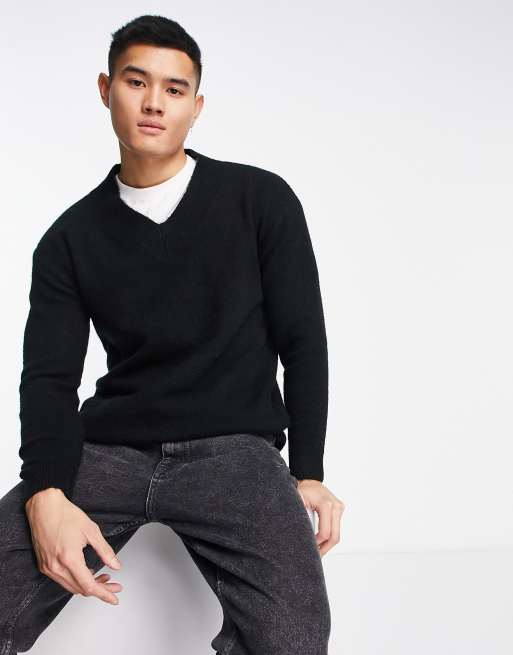 Selected Homme oversized v neck wool mix sweater in black