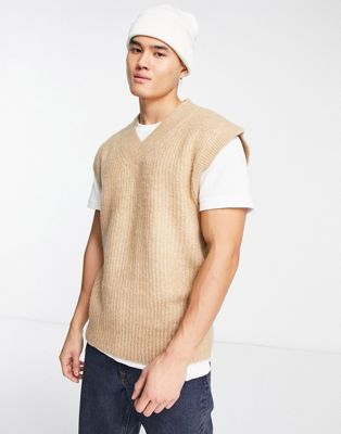 Selected Homme oversized v neck wool mix vest in beige