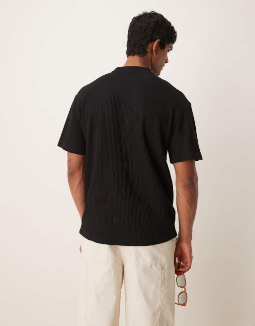 Selected Homme oversized waffle knit t-shirt in black