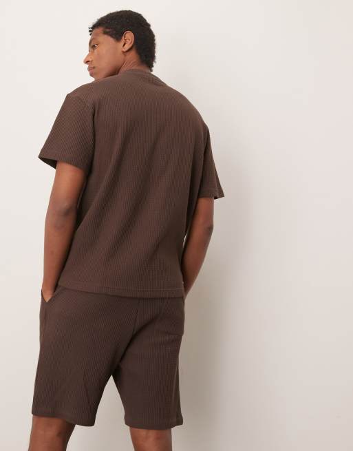 Selected Homme oversized waffle t-shirt in brown (part of a set) , 3 of 4
