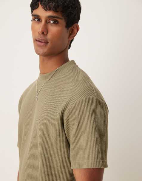 Selected Homme oversized waffle t-shirt in khaki - view 1