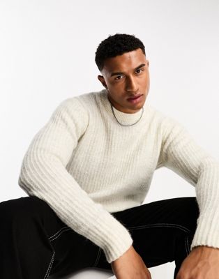 Selected Homme oversized wool mix crew neck jumper in off white