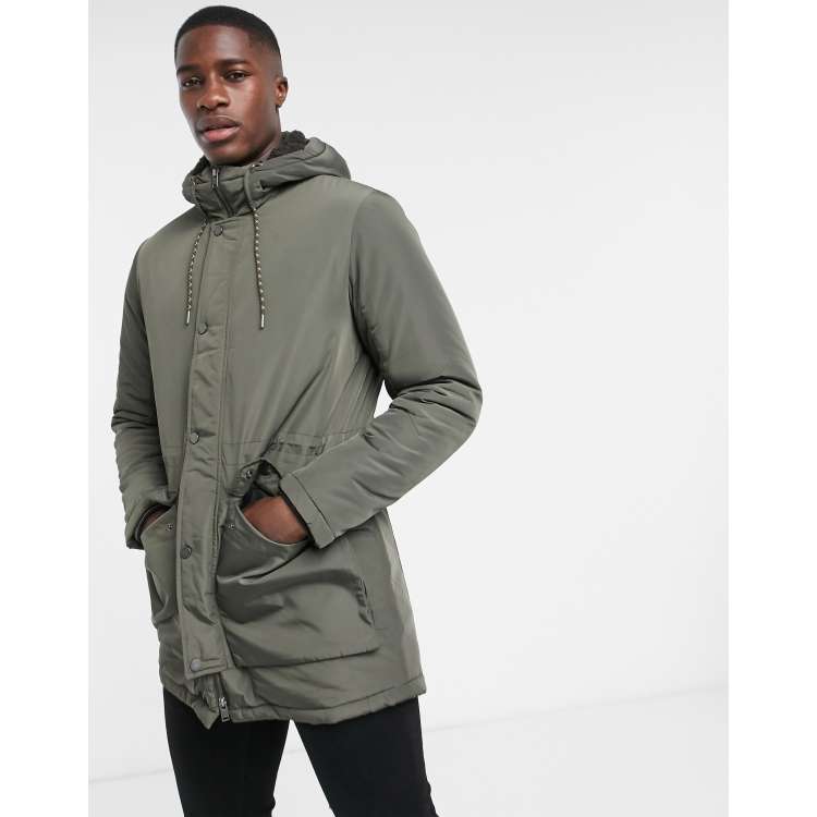 Selected Homme padded parka in khaki with borg hood