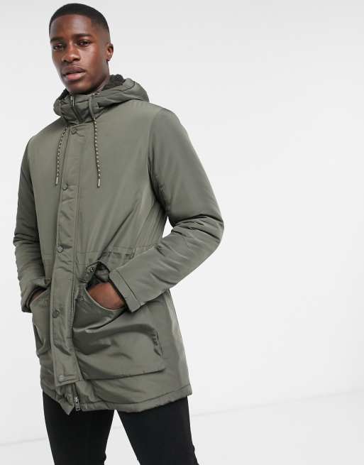 Selected Homme padded parka in khaki with teddy hood