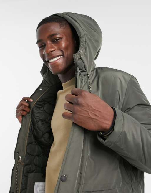 Selected Homme padded parka in khaki with teddy hood