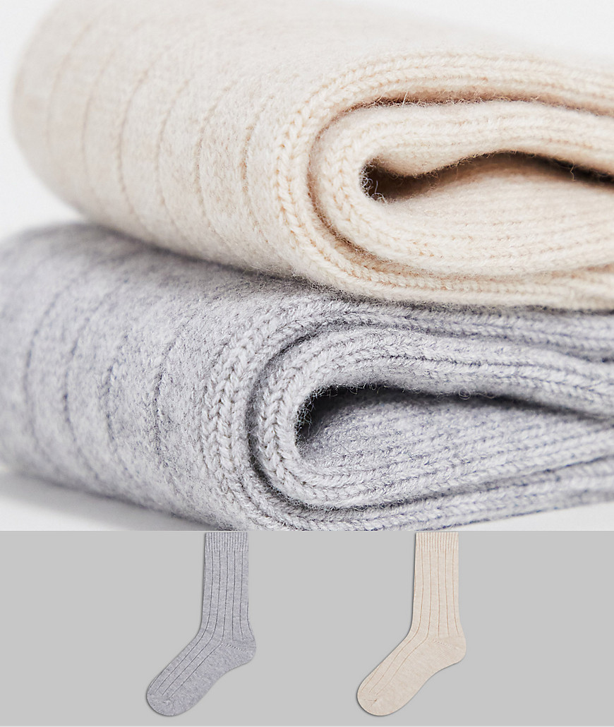 Selected Homme - Pakke med 2 par ribstrikkede sokker i beige og grå uldblanding-Multifarvet