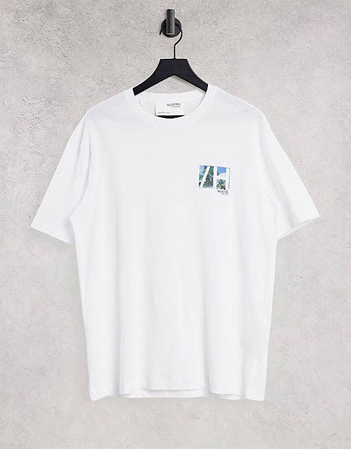 Men Selected Homme palm logo t-shirt in white in organic cotton 