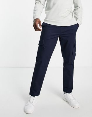 Pantalons cargo Selected Homme - Pantalon cargo fuselé en coton biologique avec cordon de serrage - Bleu marine
