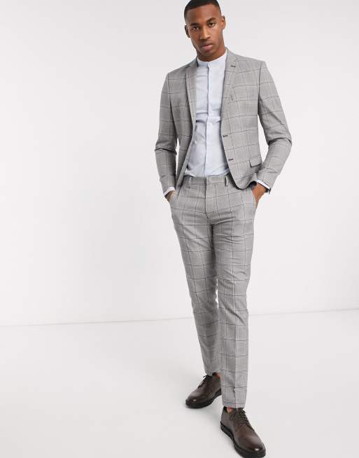 Selected Homme Pantalon de costume slim stretch avec carreaux style prince de Galles Gris