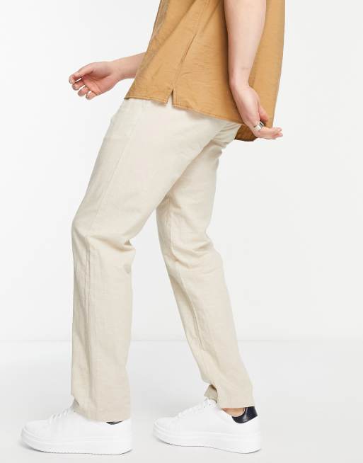 Selected Homme Pantalon droit en lin m lang Beige ASOS