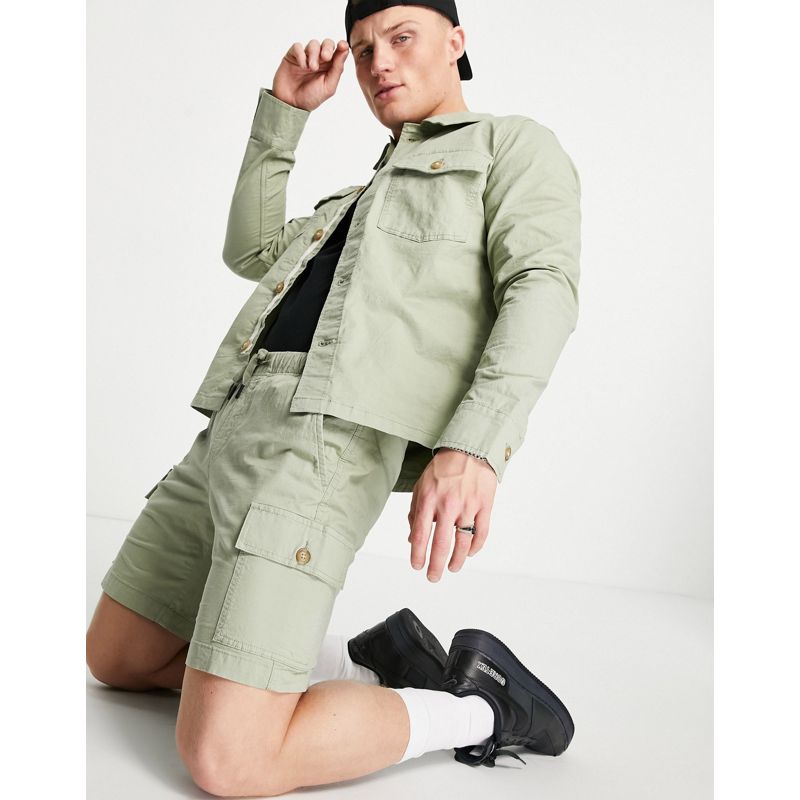 iz3yo Coordinati Selected Homme - Pantaloncini cargo verde chiaro in misto cotone organico in coordinato