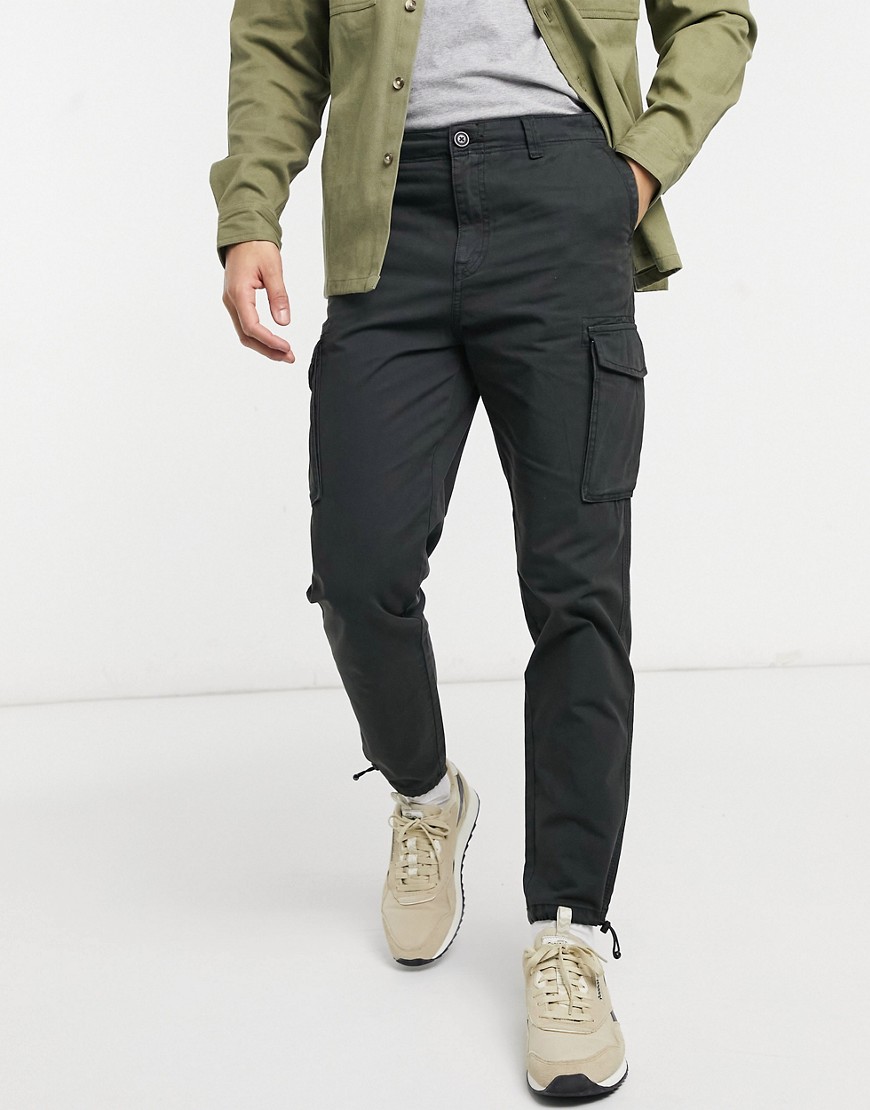Selected Homme - Pantaloni cargo neri con fondo elasticizzato-Nero
