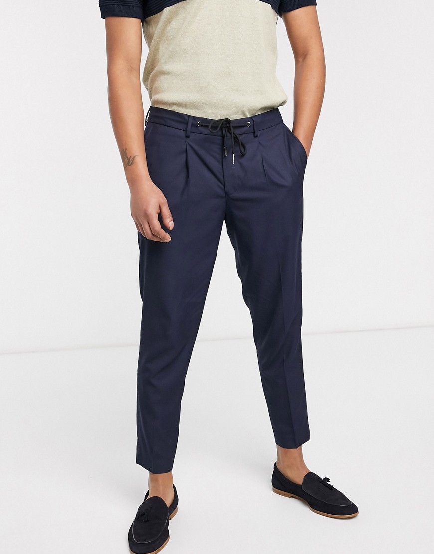 Selected Homme - Pantaloni cropped eleganti slim blu navy con coulisse in vita