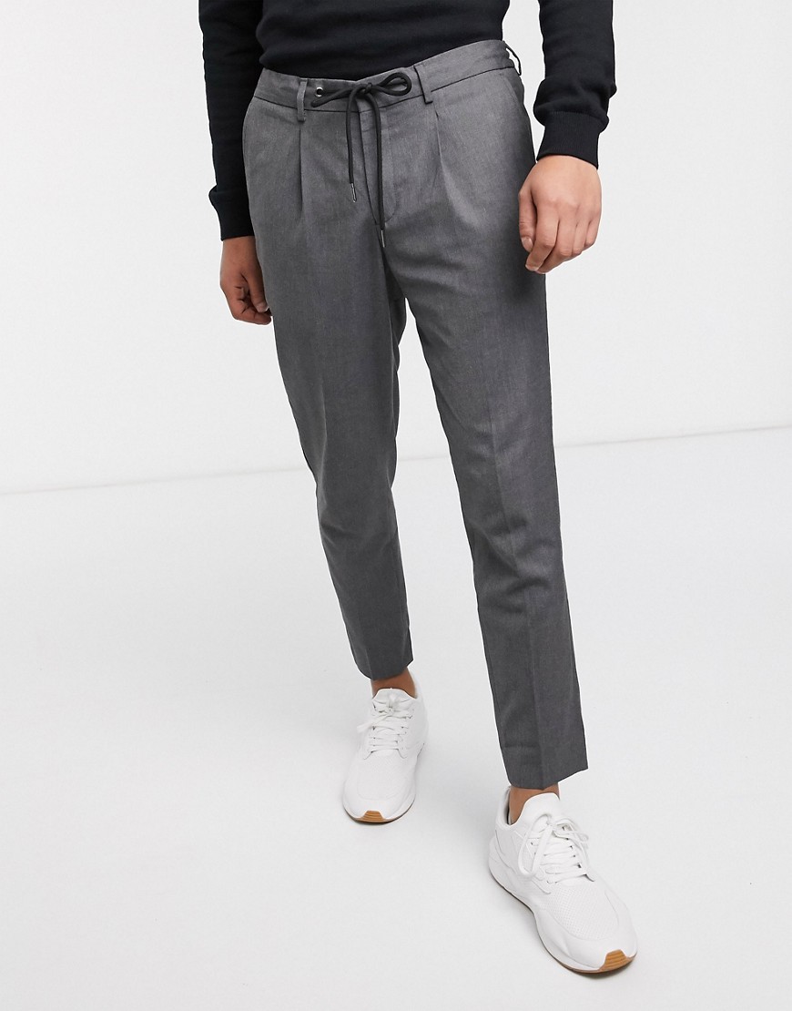 Selected Homme - Pantaloni cropped slim eleganti grigi con coulisse in vita-Grigio
