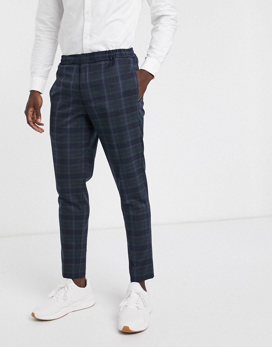 Selected Homme - Pantaloni da abito slim blu navy a quadri con vita elastica