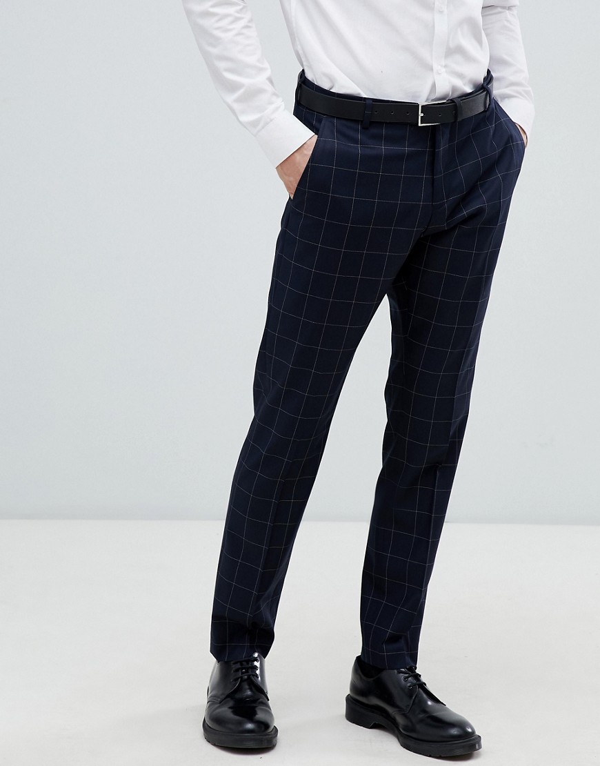 Selected Homme - Pantaloni da abito slim blu navy con motivo a quadri a griglia-Grigio