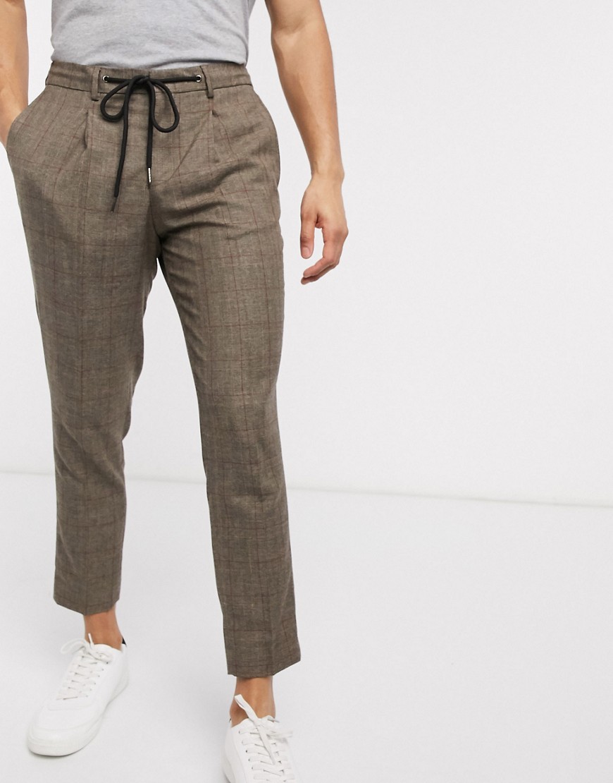 Selected Homme - Pantaloni marroni a quadri con vita elasticizzata-Marrone