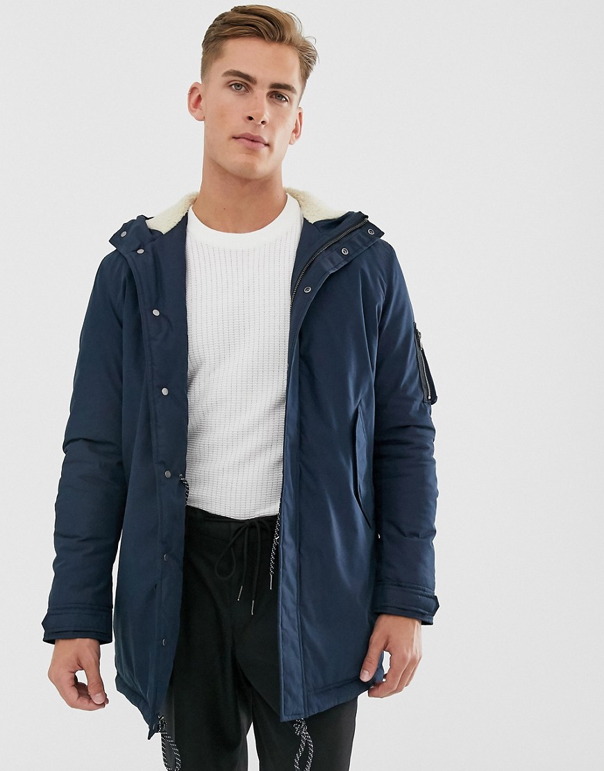 Selected Homme parka with borg lining in recycled fibres-Navy