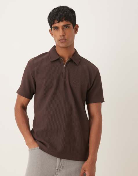 Selected Homme - Plissé polo met korte rits in bruin - view 1