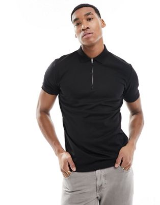 Selected Homme half zip polo shirt in black - ASOS Price Checker