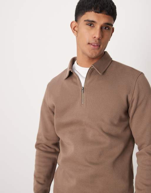Selected Homme - Polo a maniche lunghe color cuoio con zip corta 