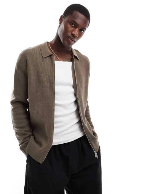 Selected Homme - Polo a maniche lunghe color cuoio in maglia con zip 