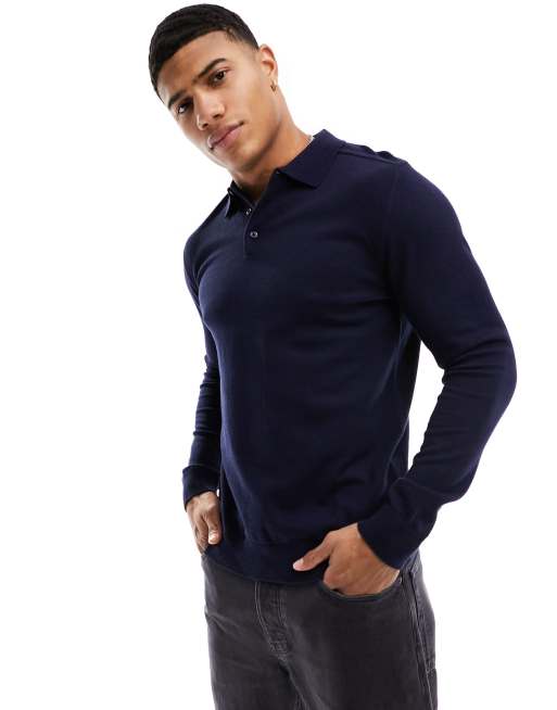 Selected Homme - Polo a maniche lunghe in maglia blu navy