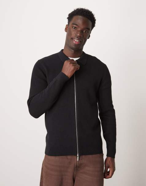 Selected Homme - Polo a maniche lunghe nera in maglia con zip - view 1