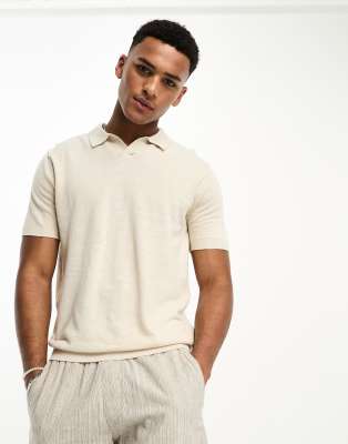 Selected Homme loose fit split neck polo with linen mix in beige - ASOS Price Checker
