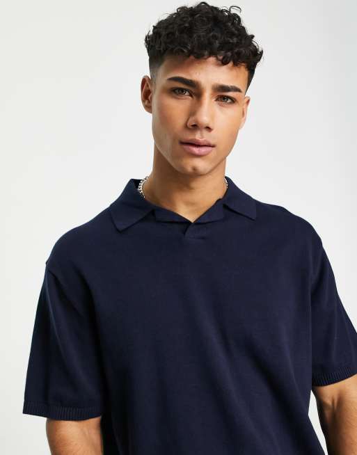 Selected Homme - Polo con colletto con rever in maglia blu navy 