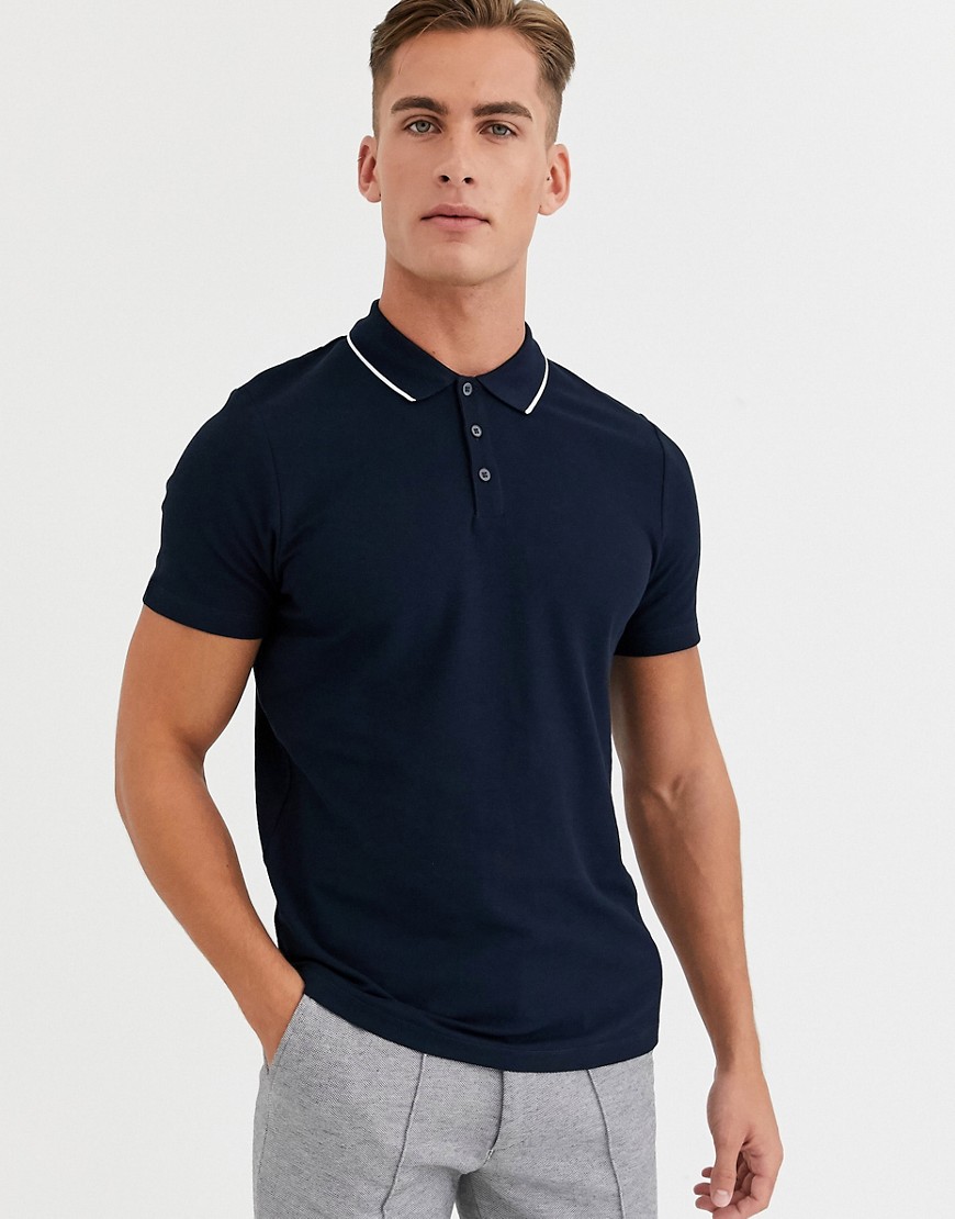 Selected Homme - Polo con righe a contrasto sul colletto blu navy