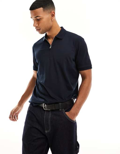 Selected Homme - Polo en coton mélangé avec col zippé - Bleu marine