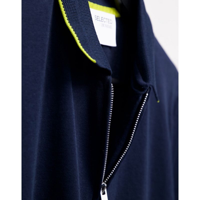  vSaj0 Selected Homme - Polo in misto cotone organico blu navy con bordi a contrasto e zip corta 