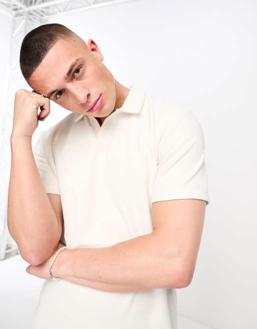 Selected Homme - Polo plissé color écru con colletto a rever