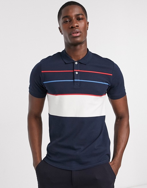 Selected Homme polo shirt with colour block stripe in navy