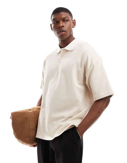Selected Homme - Polo stile rugby oversize color crema con colletto bianco