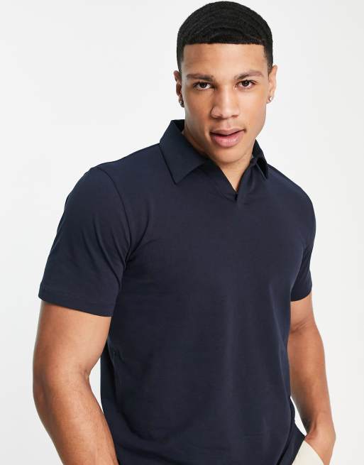 Selected Homme polo with revere collar in navy