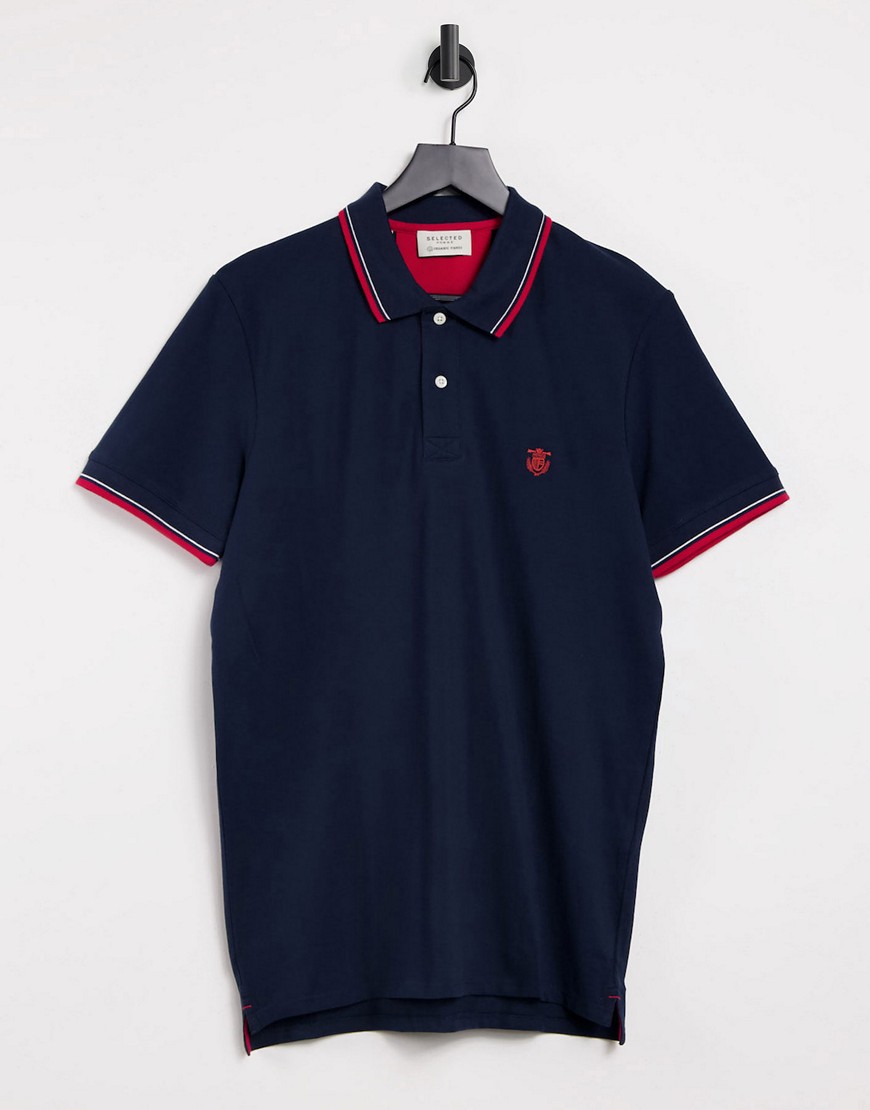 Selected Homme polo with tipping in navy & red-Multi