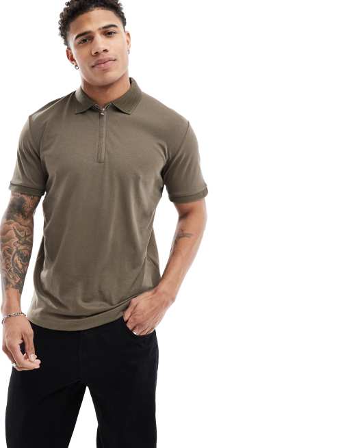 Selected Homme – Polohemd aus Jersey in Braun mit kurzem Reißverschluss 