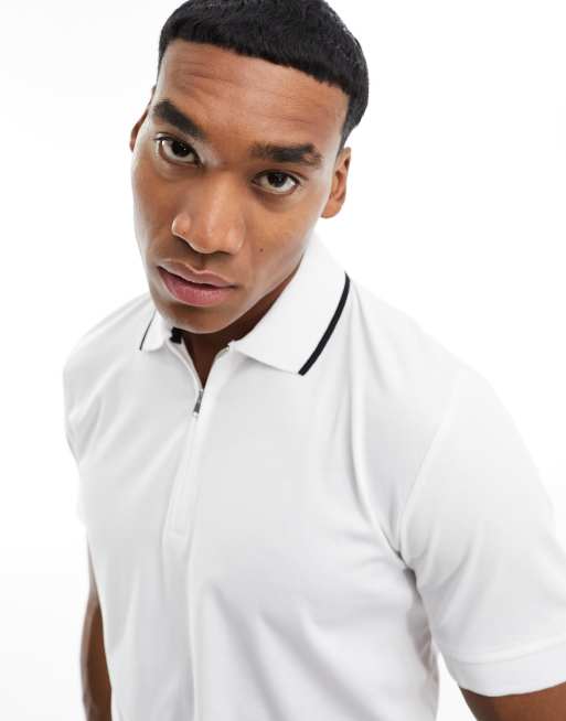 Selected Homme – Polohemd in Weiß mit 3/4-langem Reißverschluss