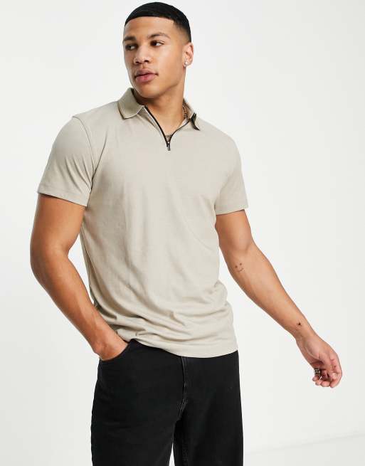 Selected Homme – Polohemd mit Zierstreifen und kurzem Reißverschluss in Beige 