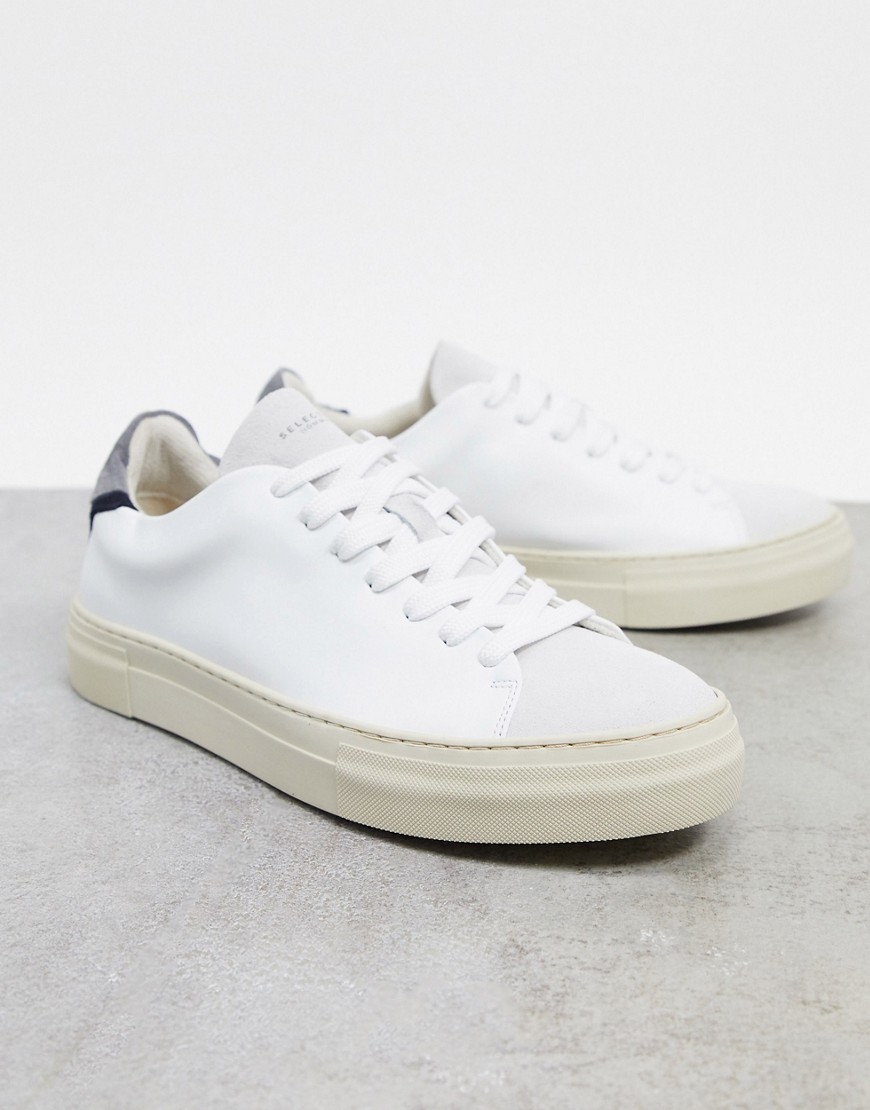 Selected Homme premium leather sneakers with thick sole in white & vintage