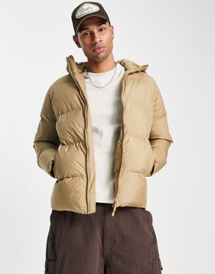 Selected Homme puffer jacket with hood in beige