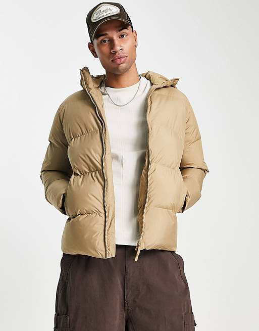 Selected Homme puffer jacket with hood in beige | ASOS
